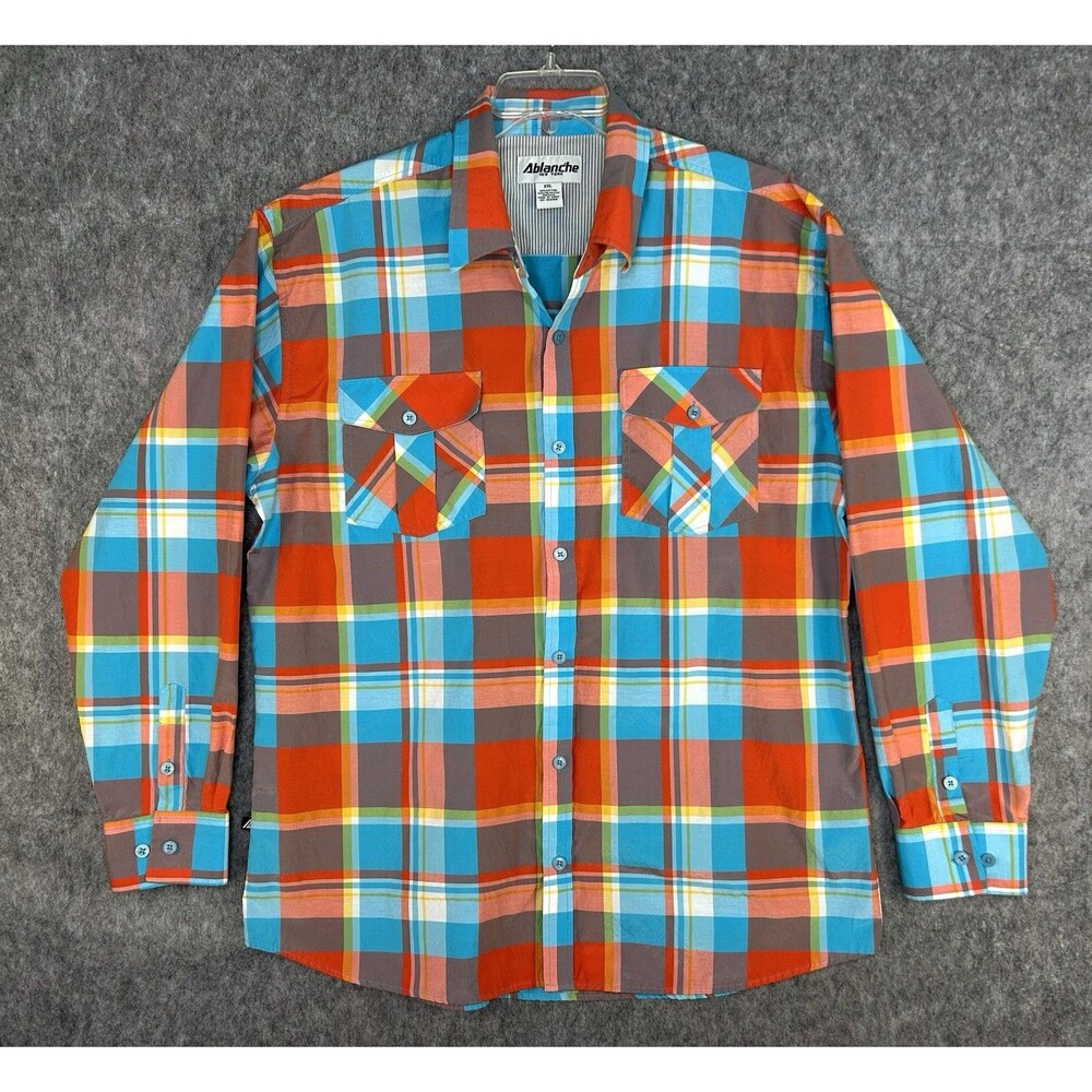 Ablanche Men’s 2XL Orange Blue Plaid Button Up Long Sleeve Shirt
